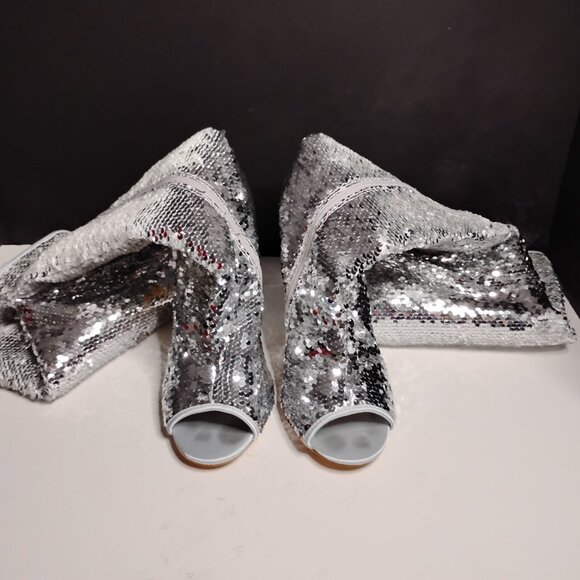 KHPAERMEI Sexy Sparkly Size 8 Thigh High Boots Open Toe Chunky Heel - Picture 4 of 16
